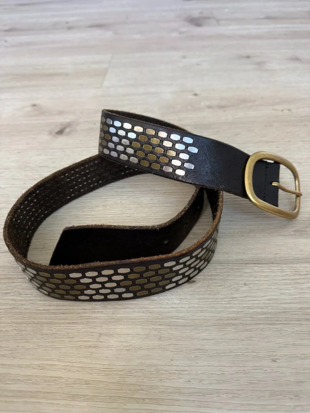 Leather Studded Belt Brown Mixed Metal Silver Brass Boho Western Festival Medium